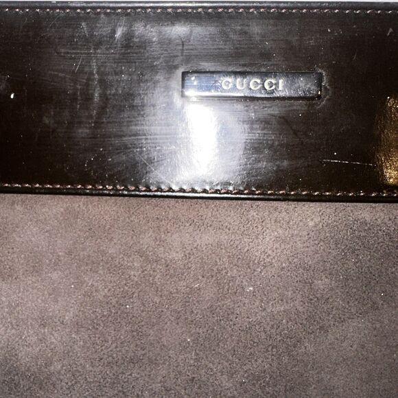 Gucci Vintage Brown Suede Patent Leather Large Clutch Authentic EUC - Picture 3 of 7